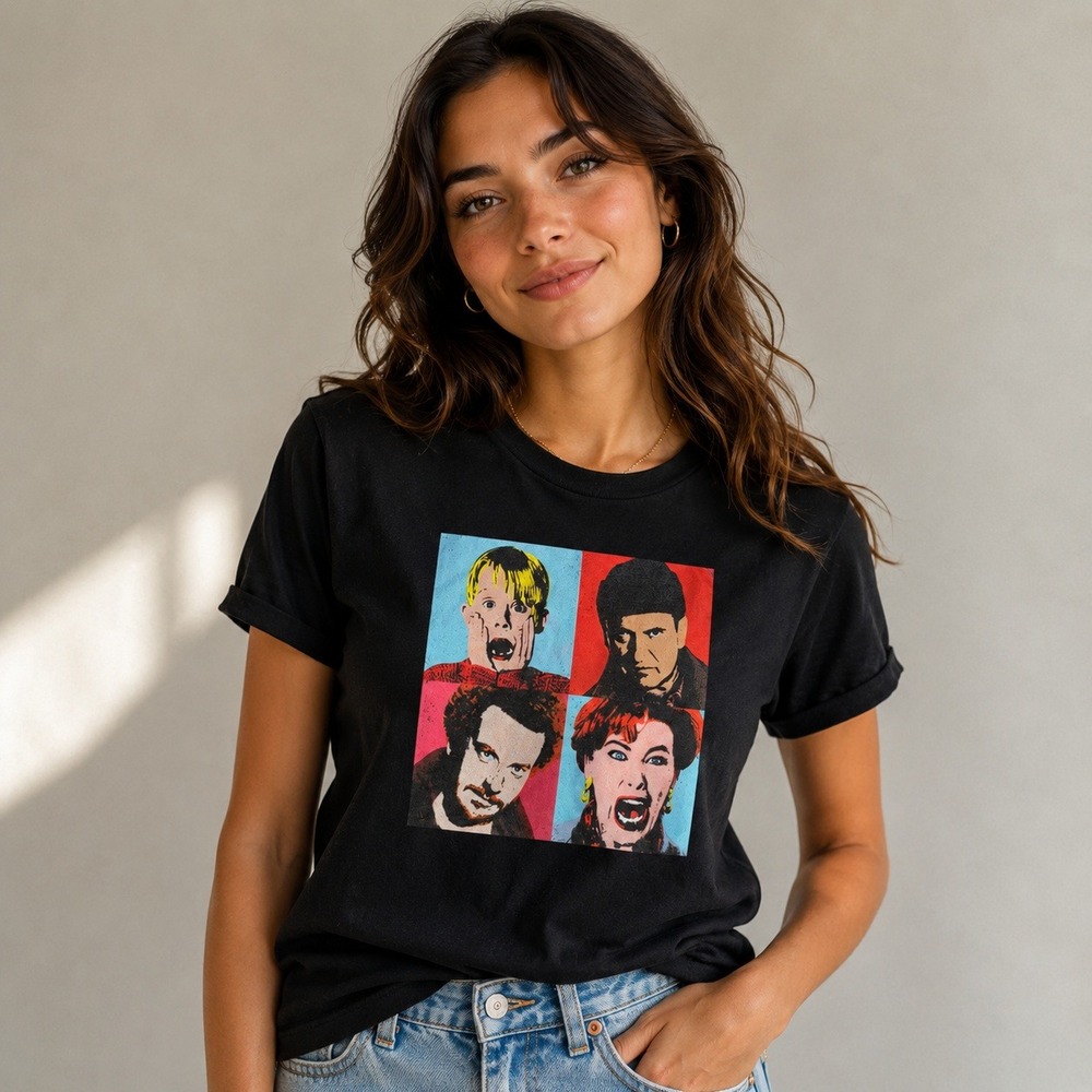Bella Canvas Home Alone Pop Art Graphic T-Shirt Black Small Women Movie Tee‎